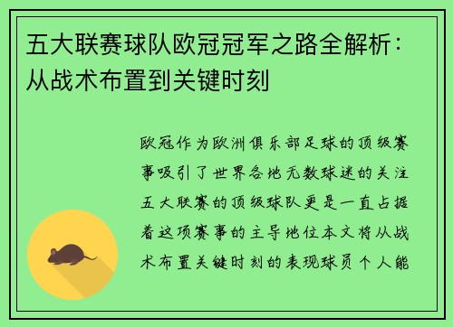 五大联赛球队欧冠冠军之路全解析：从战术布置到关键时刻