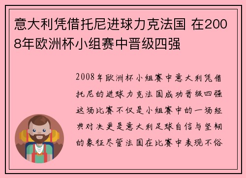 意大利凭借托尼进球力克法国 在2008年欧洲杯小组赛中晋级四强
