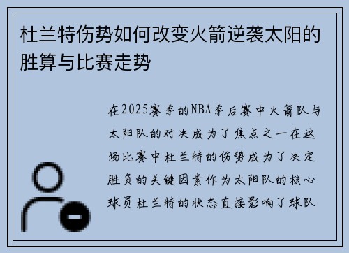 杜兰特伤势如何改变火箭逆袭太阳的胜算与比赛走势